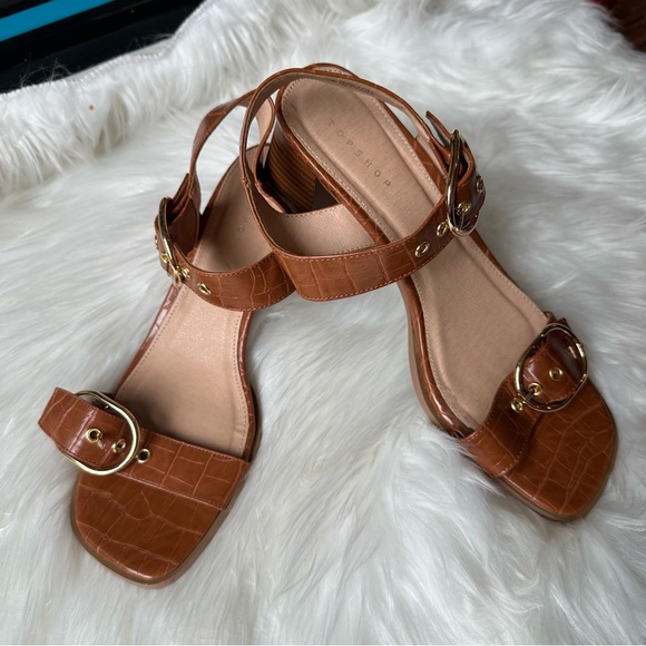 Topshop Dolly Block Heel Sandal Brown Crocodile Pattern - Picture 3 of 7